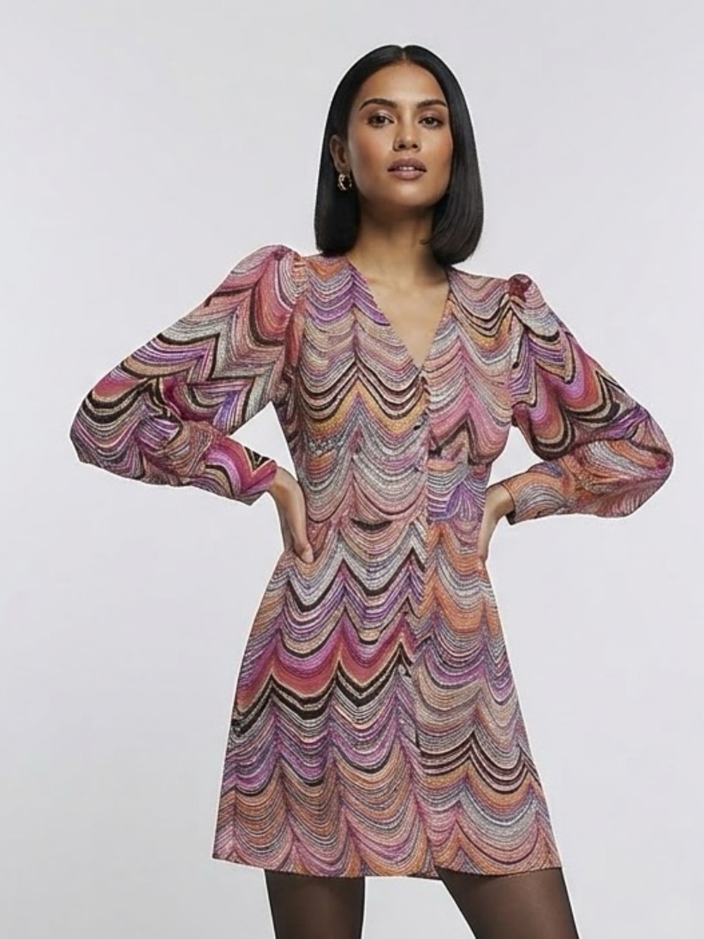 VILA Multicolor Wave Print V-Neck Long Sleeve Dress